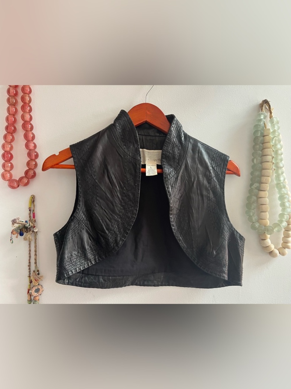 Women's Black Cropped real Leather Vest - Open Front